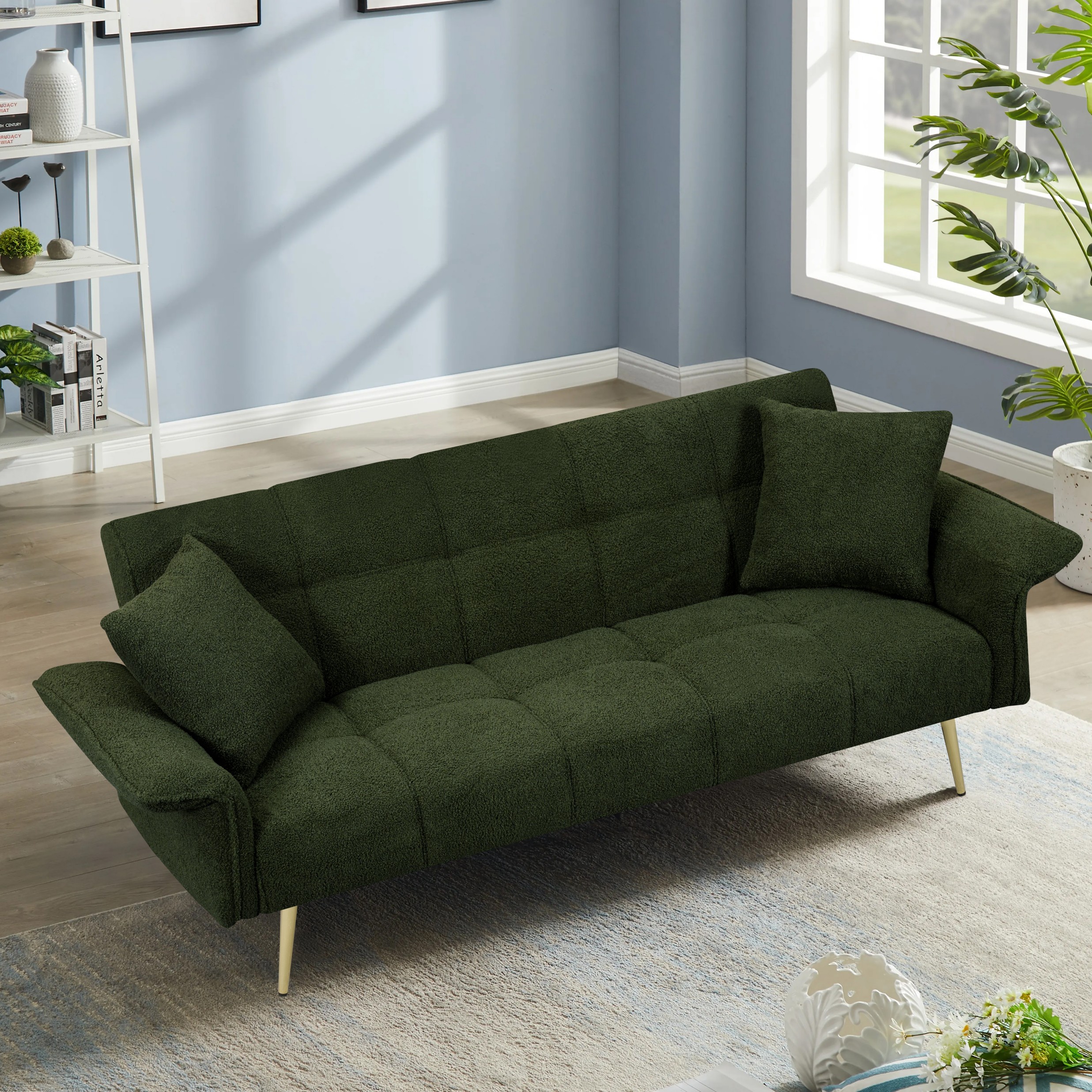 Gewnee Futon Sofa Bed, Convertible Double Sofa Bed with Folding Armrests - Teddy Velvet Fabric & Sturdy Wood Frame for Living Rooms & Small Spaces，Green