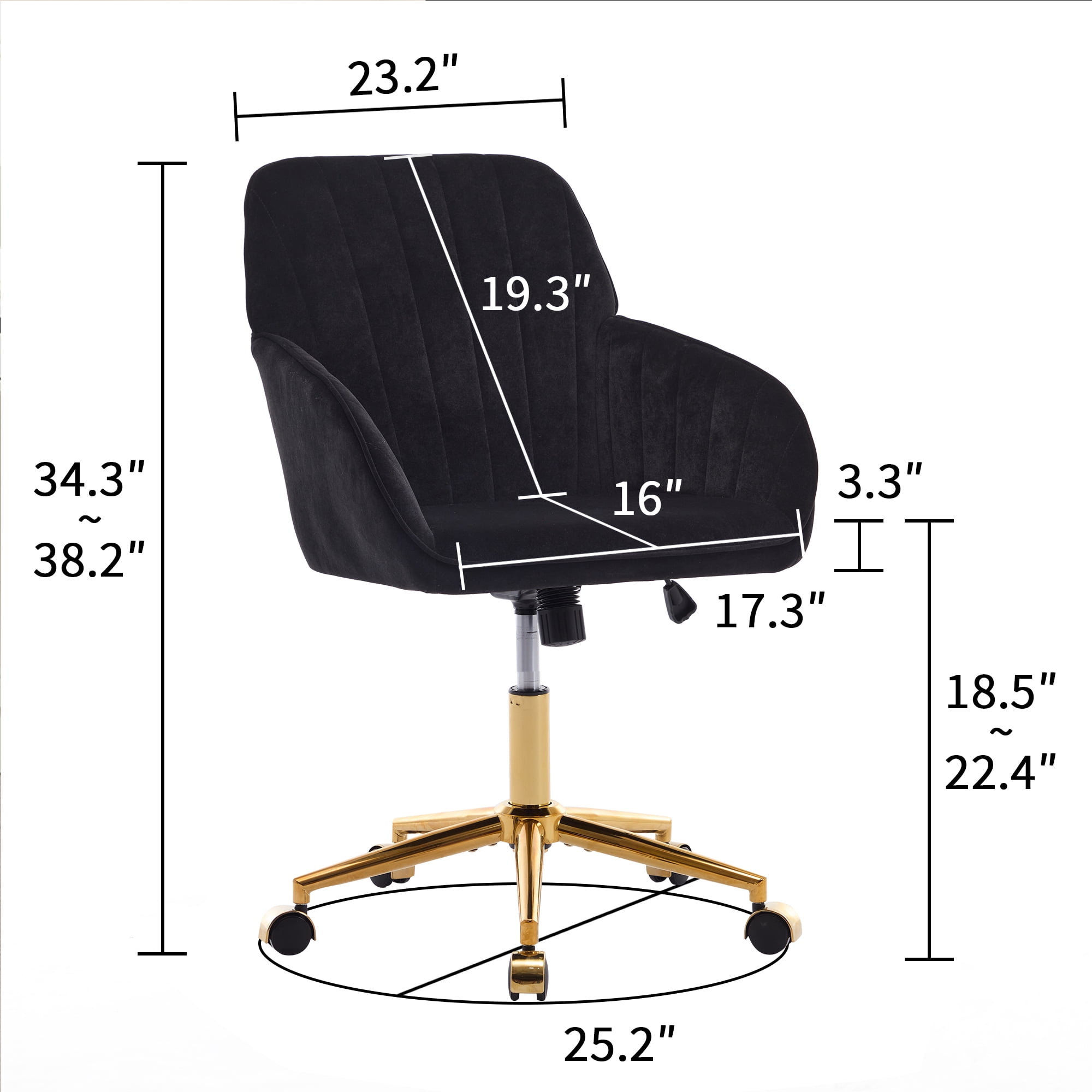 Peispie Velvet Office Chair 300lbs, Mid Back Vanity Chair, Modern Swivel Desk Chair with Gold Base, Upholstered Computer Task Chair for Bedroom, Black