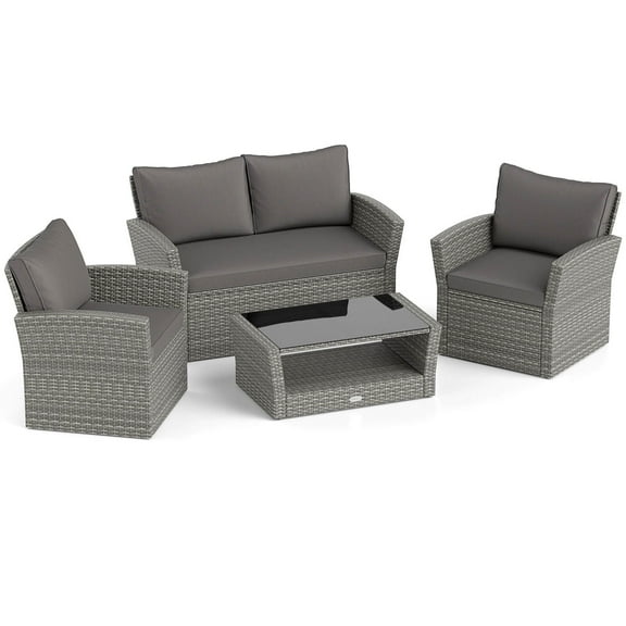Costway 4 PCS Patio Furniture Set with 2 Rattan Chairs Loveseat Coffee Table Cushions Gray