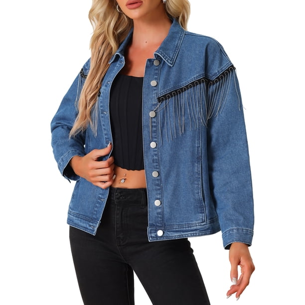 Chaqueta de mujer INSPIRE CHIC con cuentas y flecos, chaqueta de mezclilla de botón frontal estilo vaquero, chaqueta de jeans con borlas, talla S azul