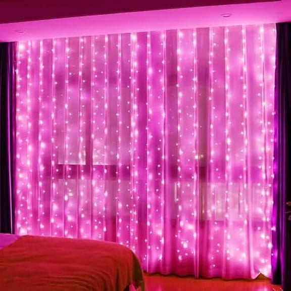 CJB 300LED Pink Fairy Curtain Hanging Lights with Remote 8 Modes Timer for Bedroom, 9.8x9.8Ft USB Plug in Christmas Fairy String Lights for Outdoor, Weddings, Party, Garden, Wall, Decorations