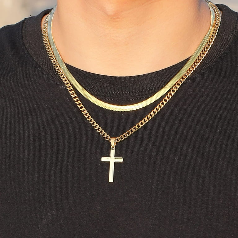 Apsvo Cross Necklace for Men Stainless Steel Layered Cuban Apsvo Cross Necklace for Men Stainless Steel Layered Cuban