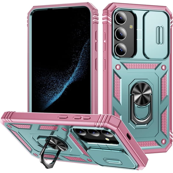 Case for Galaxy S24 Plus, Camera Cover Phone Case with Rotation Ring Stand for Samsung Galaxy S24 Plus - Green Pink