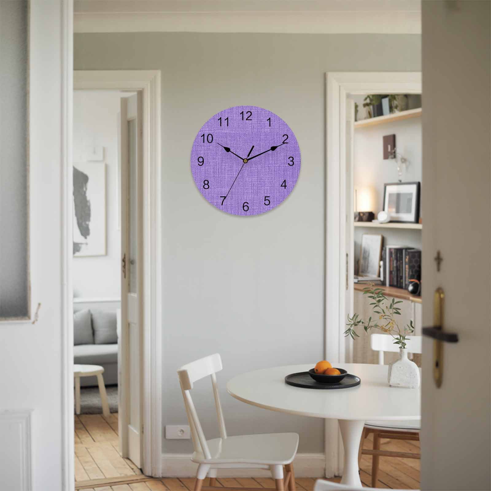 Wall Clock Purple Linen Texture Clocks PVC Silent Non-Ticking Battery Operated Decorative Farmhouse Solid Color Round Clock for Home Living Room Kitchen Bedroom Office School Wall Decor 14 Inch