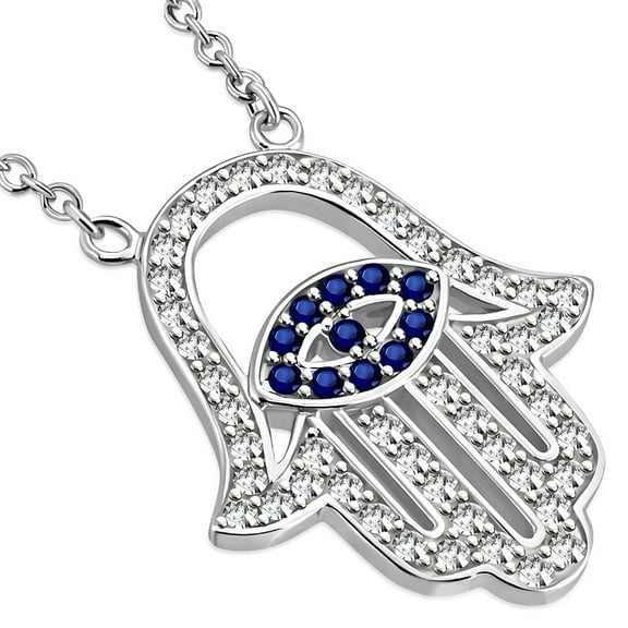 925 Sterling Silver Evil Eye Hamsa White Blue CZ Womens Pendant Necklace