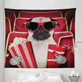 thumbnail image 1 of Pug Tapestry, Funny Dog Watching Movie Popcorn Soft Drink and Glasses Animal Photograph, Fabric Wall Hanging Decor for Bedroom Living Room Dorm, 5 Sizes, Cream Ruby and Vermilion, by Ambesonne, 1 of 1
