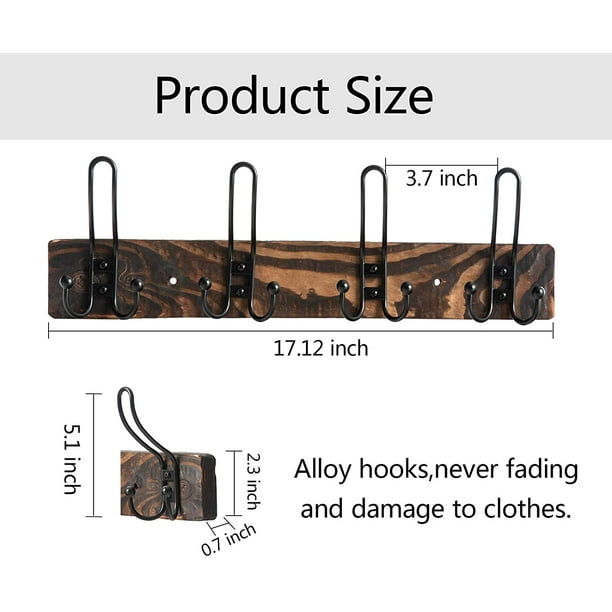 Cpdd Coat Rack Wall Mounted, Rustic Wood Base With 4 Black Metal Coat Hooks For Pack, Scarf, Towel, Hat, Entryway Bathroom, Kitchen(Carbon Color) Pine