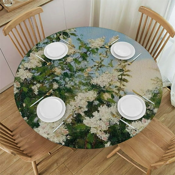 Patifu White Flowers Round Tablecloth - Stain-Resistant & Washable 31"-35