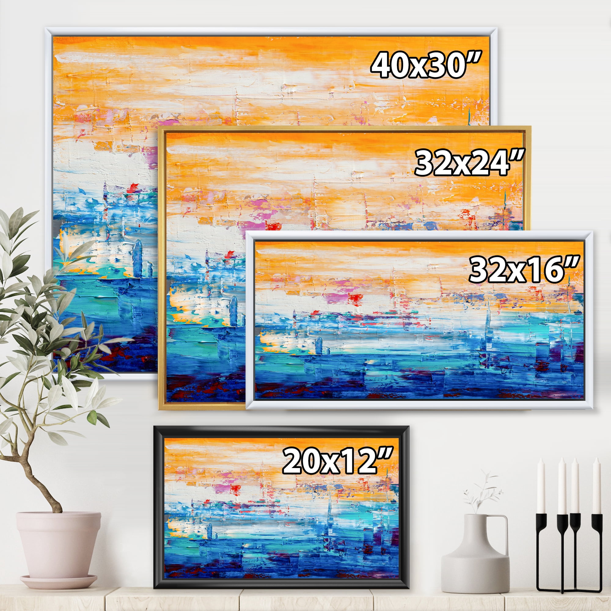 Designart 'Blue Meet Orange Abstract' Modern Framed Canvas Wall Art Print