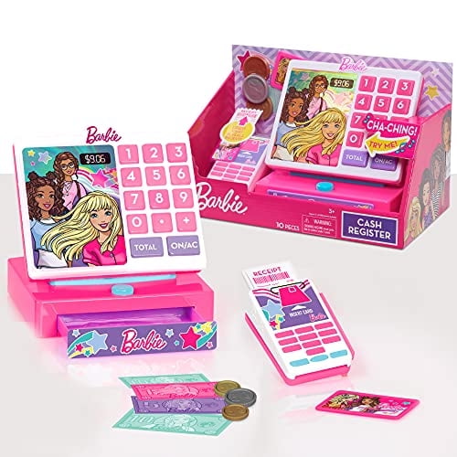 Barbie Trendy Cash Regists con sonidos dinero simulado y lector de tarjetas de credito juego de 9 piezas simplemente jugando Just Play Just Play Walmart en linea