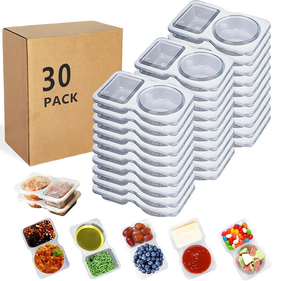 MOJINO Snack Containers – 30 Pack Reusable 2-Compartment Snack Containers with Lids | BPA-Free for Kids, Adults, Portion Control, To-Go & Sauce