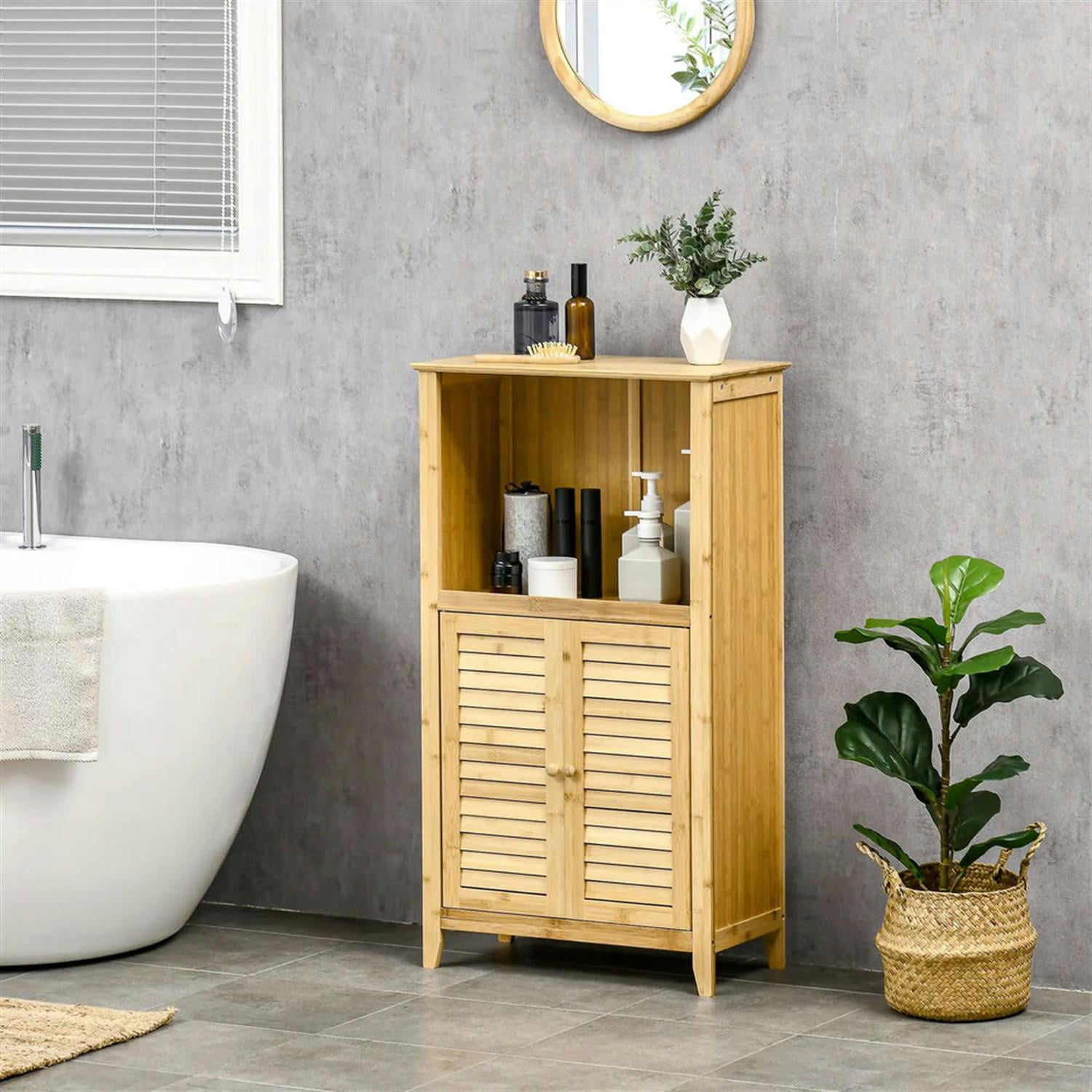 Demi Bonn 36" Bamboo Bathroom Floor Cabinet, Freestanding Bathroom Storage Cabinet with Shelf and Doors, for Living room, Entryway, Kitchen, Brown