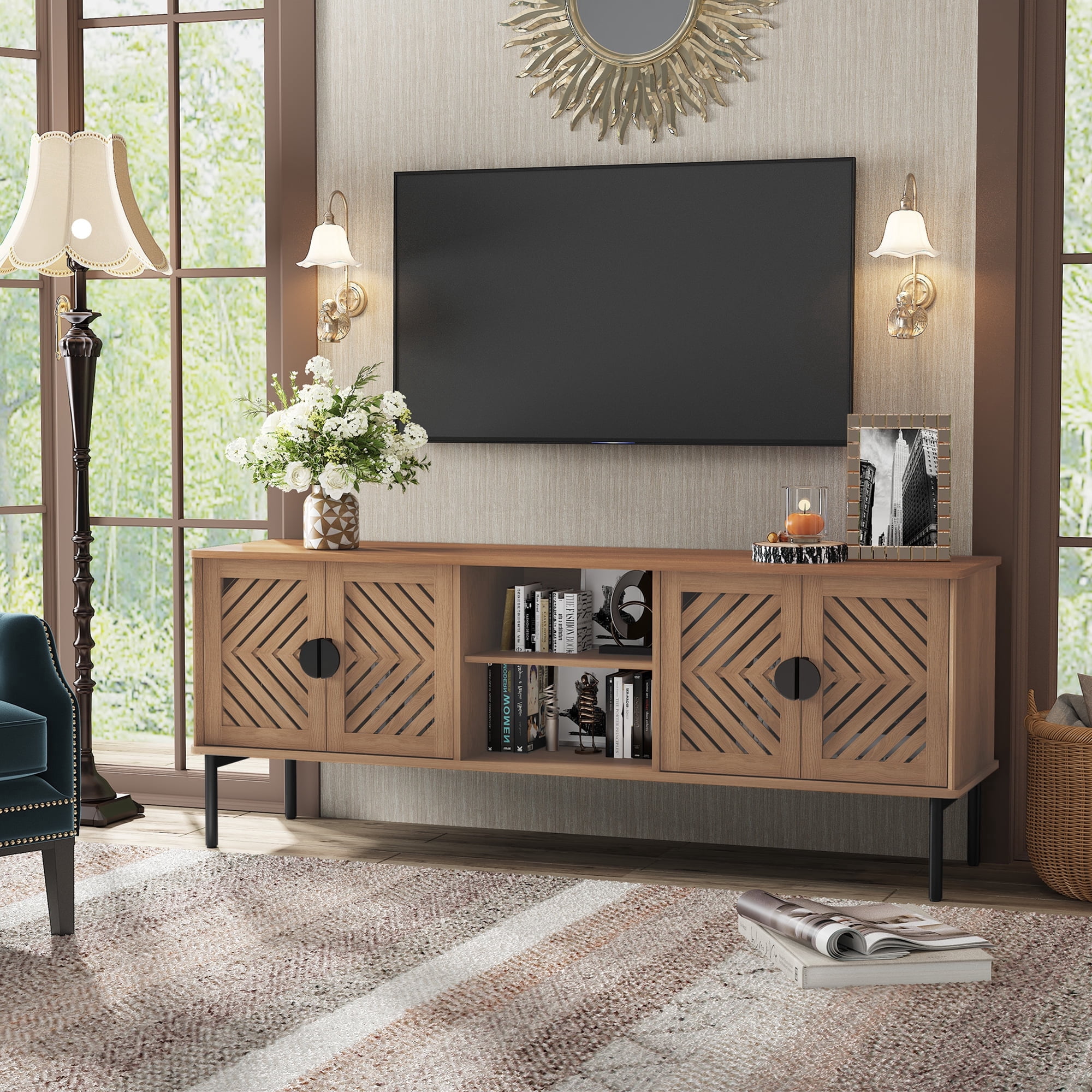 HLR Mid Century Modern 63" TV Stand for 70 inch TV with Storage, Entertainment Center for Living Room, Walnut