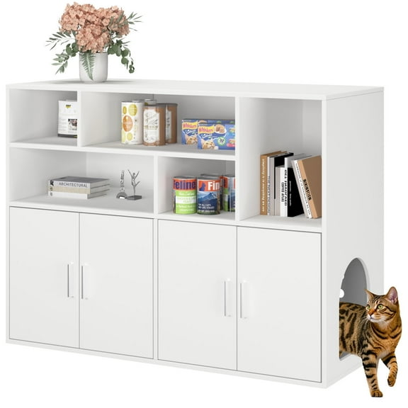 Amunrbrek Double Litter Box Enclosure with Large Storage Space, Hidden Cat Litter Box Furniture for 2 Litter Boxes, Wooden Cat House Cabinet, White