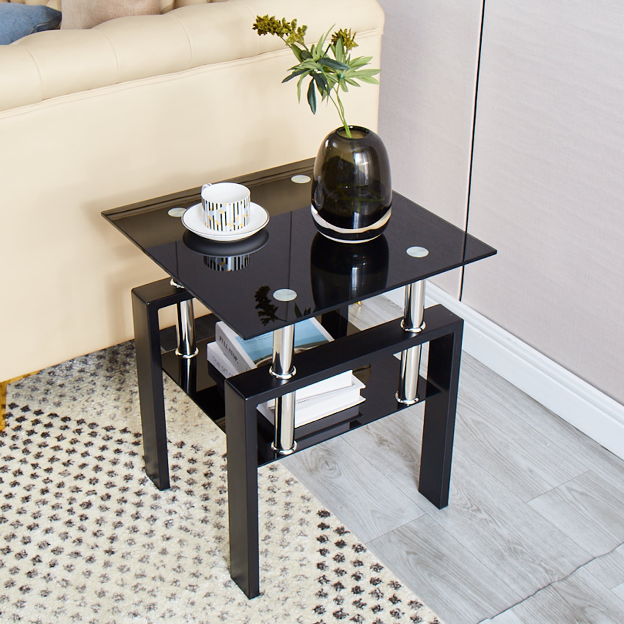 SMARTIK Set of 2 Square Glass End Table, Black  Modern Indoor Décor with Two Tiers and Tempered Glass
