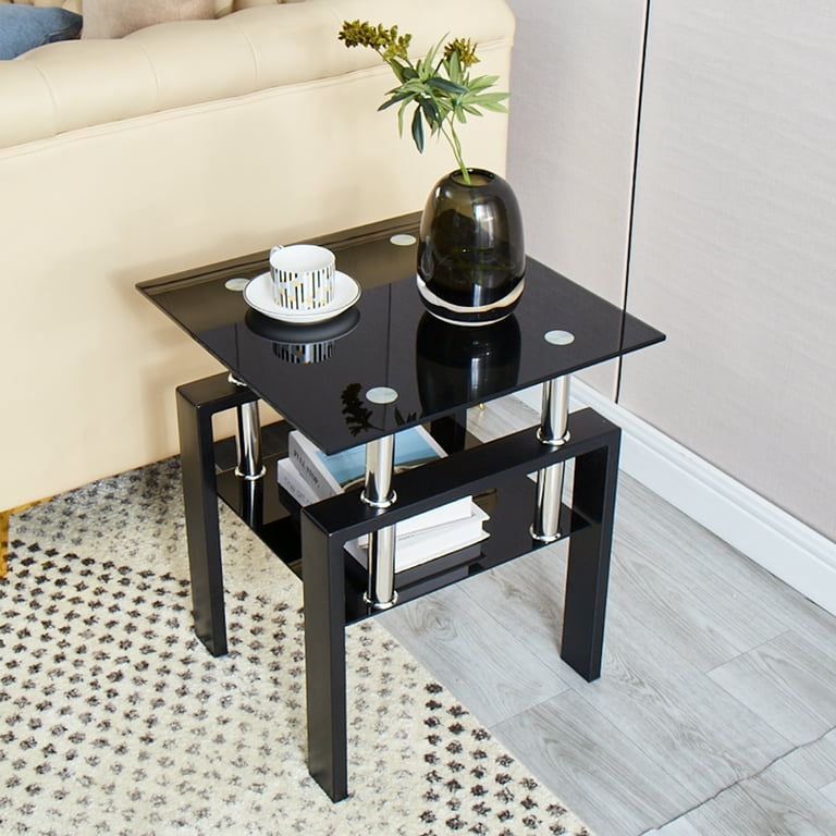 SMARTIK, Set of 2 Square Glass End Table, Tempered Glass, Black