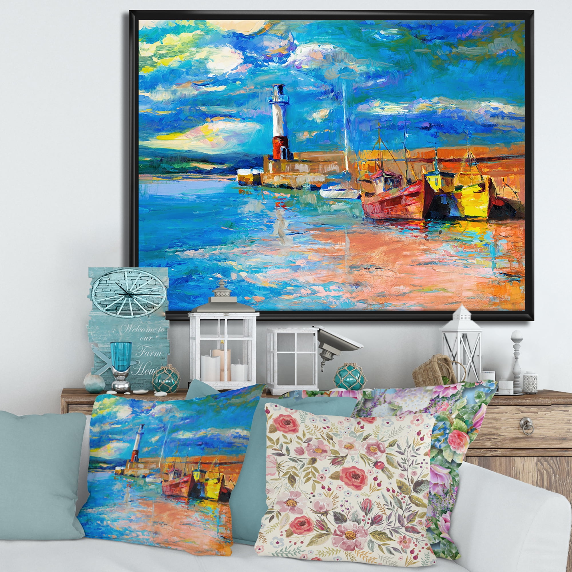Designart 'Lighthouse By The Shore In Evening Glow ' Nautical & Coastal Framed Canvas Wall Art Print