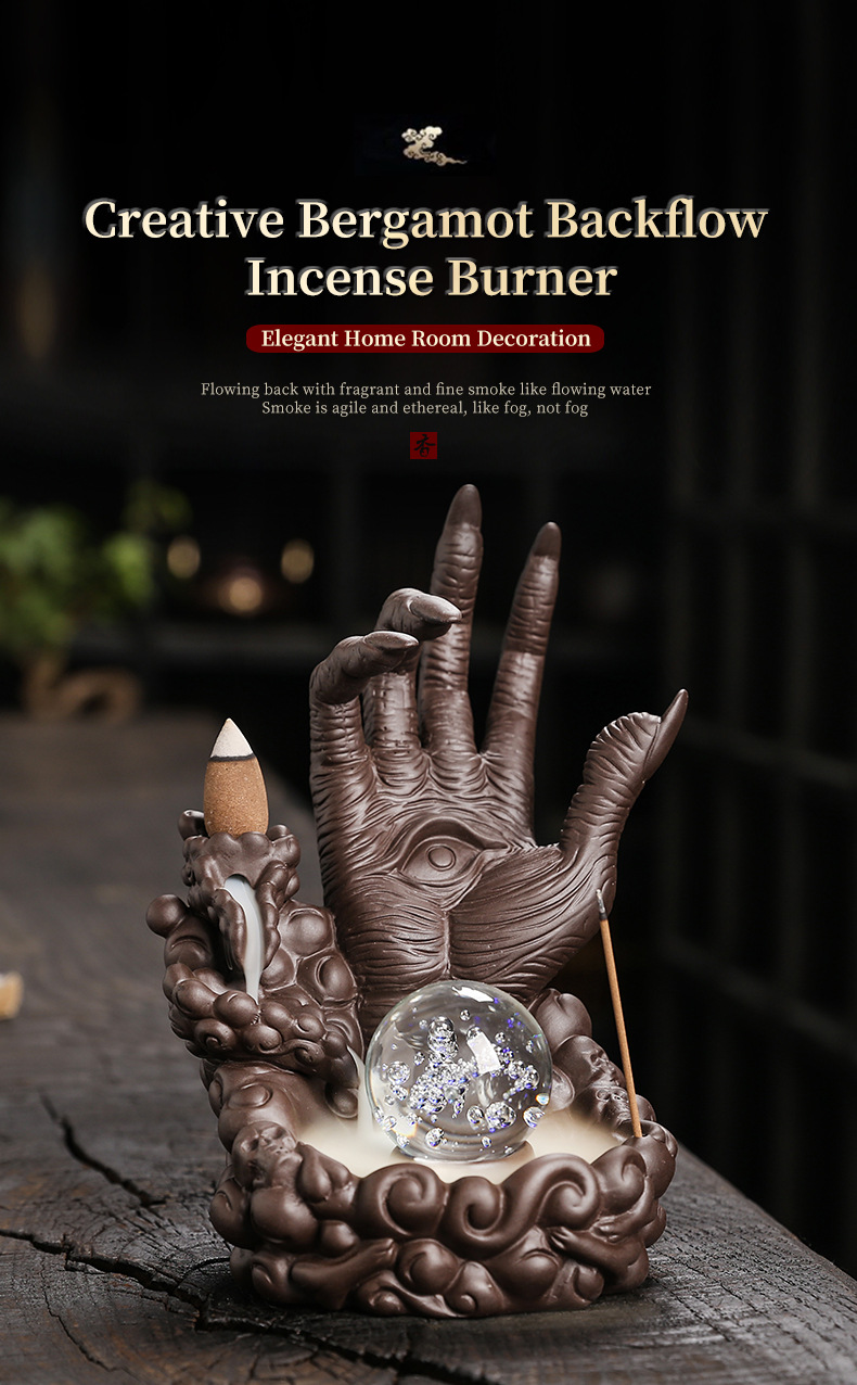 Buddha Hand Series Backflow Incense Burner Skull Incense Waterfall Holder Smoke Indoor Creative LED Ceramic Incense Cone Incense Burner Decoration Incense Burner Ornamen for Home Office Yoga Temple