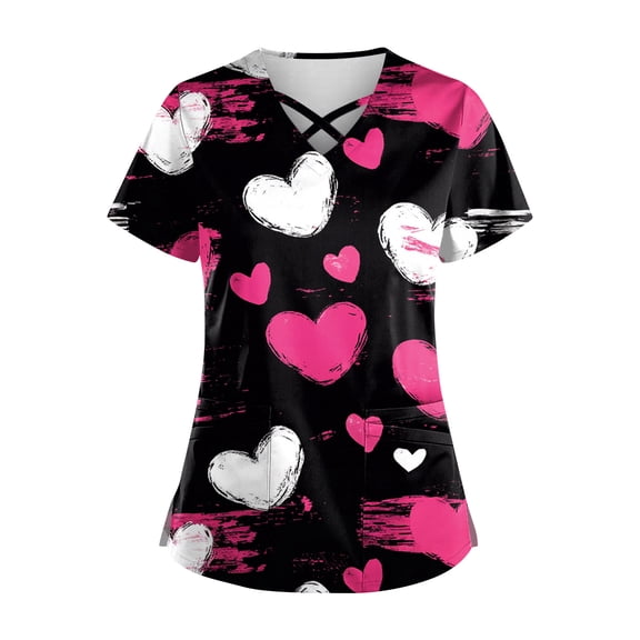 Womens Valentines Day Scrub Tops Casual Criss Cross V Neck Cute Love Heart Printed Scrub Shirts Hoilday Short Sleeve Scrubs Nursing Workwear Medical Nurse Uniform with Pockets Black 5XL
