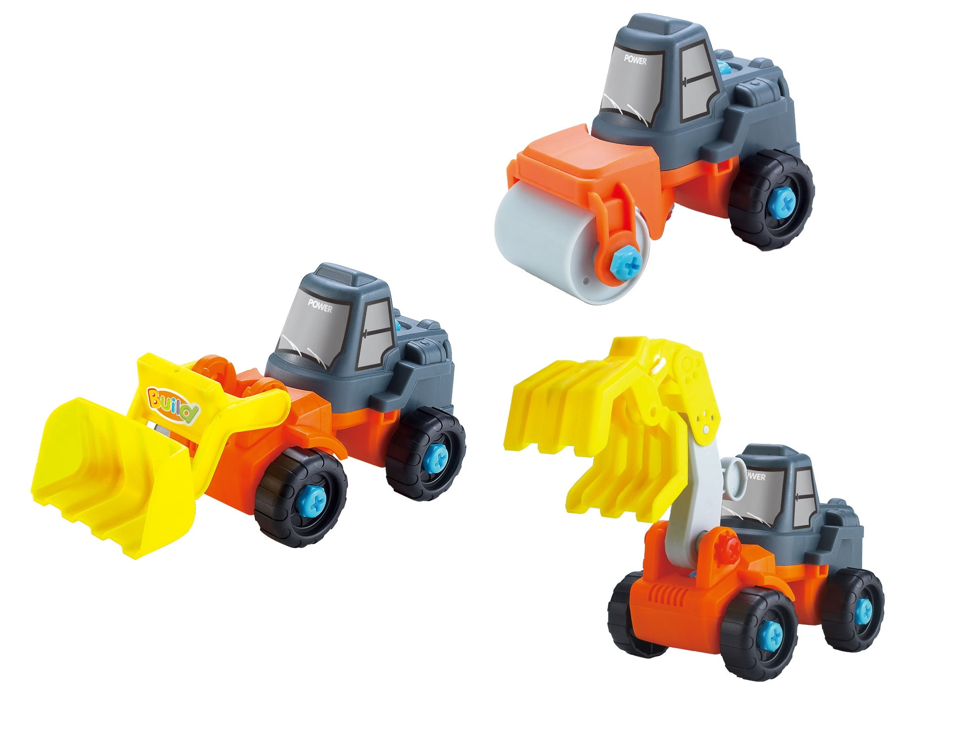 PlayWorld Toolbench Time! 3-in-1 Take-A Part Construction Toy Truck With Power Tool Bulldozer + Excavator + Roller
