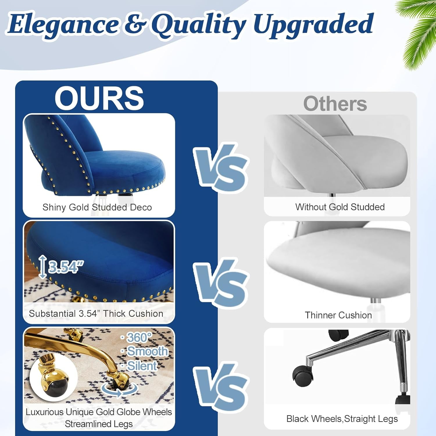 QHTER Modern Velvet Small Office Chair,Cute Desk Chair with Wheels,Gold Base/Studs, Comfy Armless Swivel Vanity Task Chair for Women/Girl/Kids, Nail Tech Chair for Bedroom,Small Space,Navy Blue