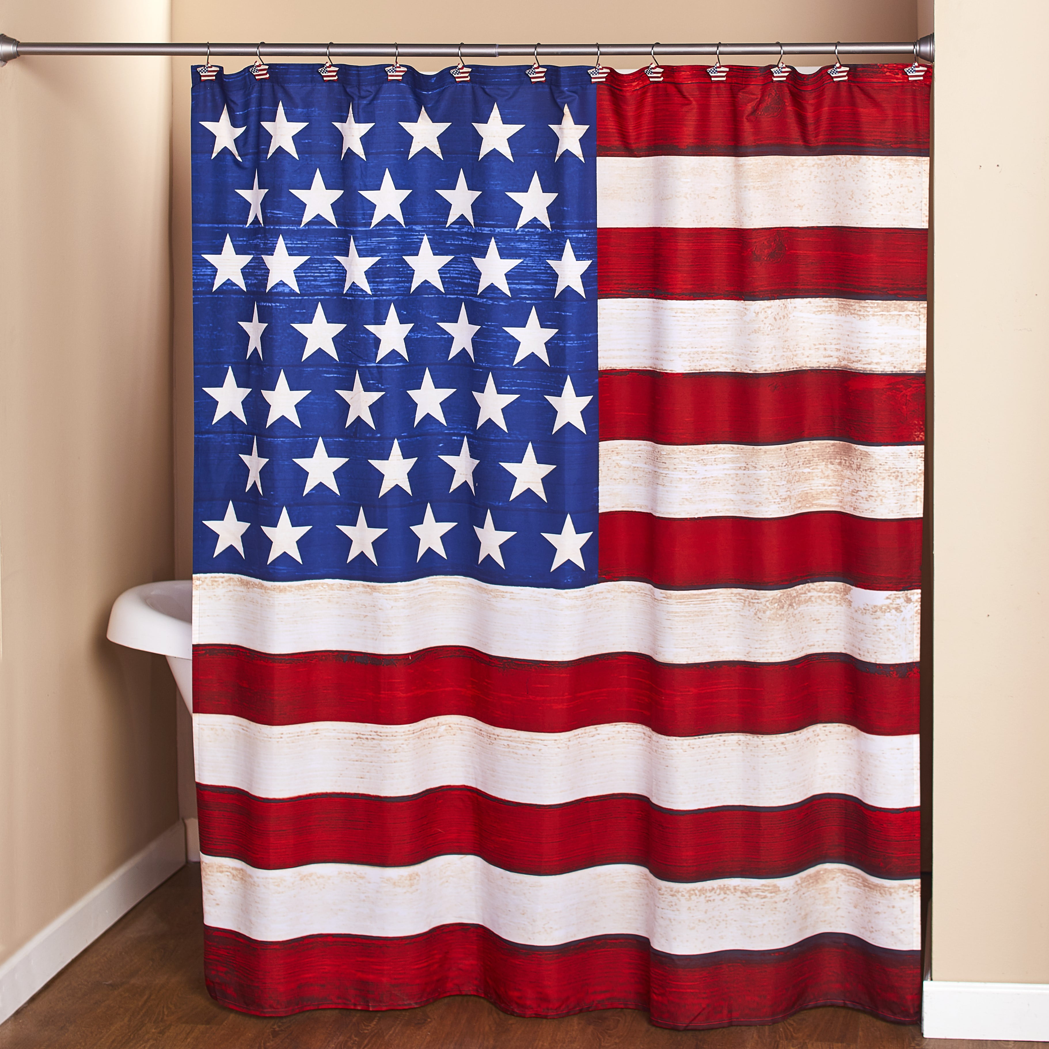 USA Flag Shower Curtain Fabric Bath Curtain American Map Rustic Gray Wood Panels 