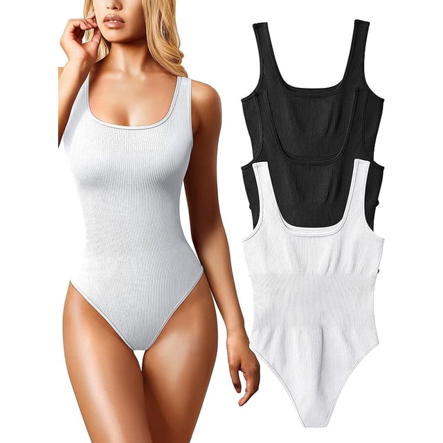 Justaucorps 3 Pcs pour Femmes Aguichant Côtelé Sans Manches à Encolure Carrée Débardeurs Sans Manches Justaucorps