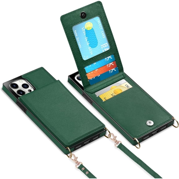 Compatible with iPhone 13 Pro Max Case Wallet with Credit Card Holder Lanyard Crossbody Strap Women Girls Leather Magnetic Clasp Kickstand Heavy Duty Protective Flip Cover Green 5G