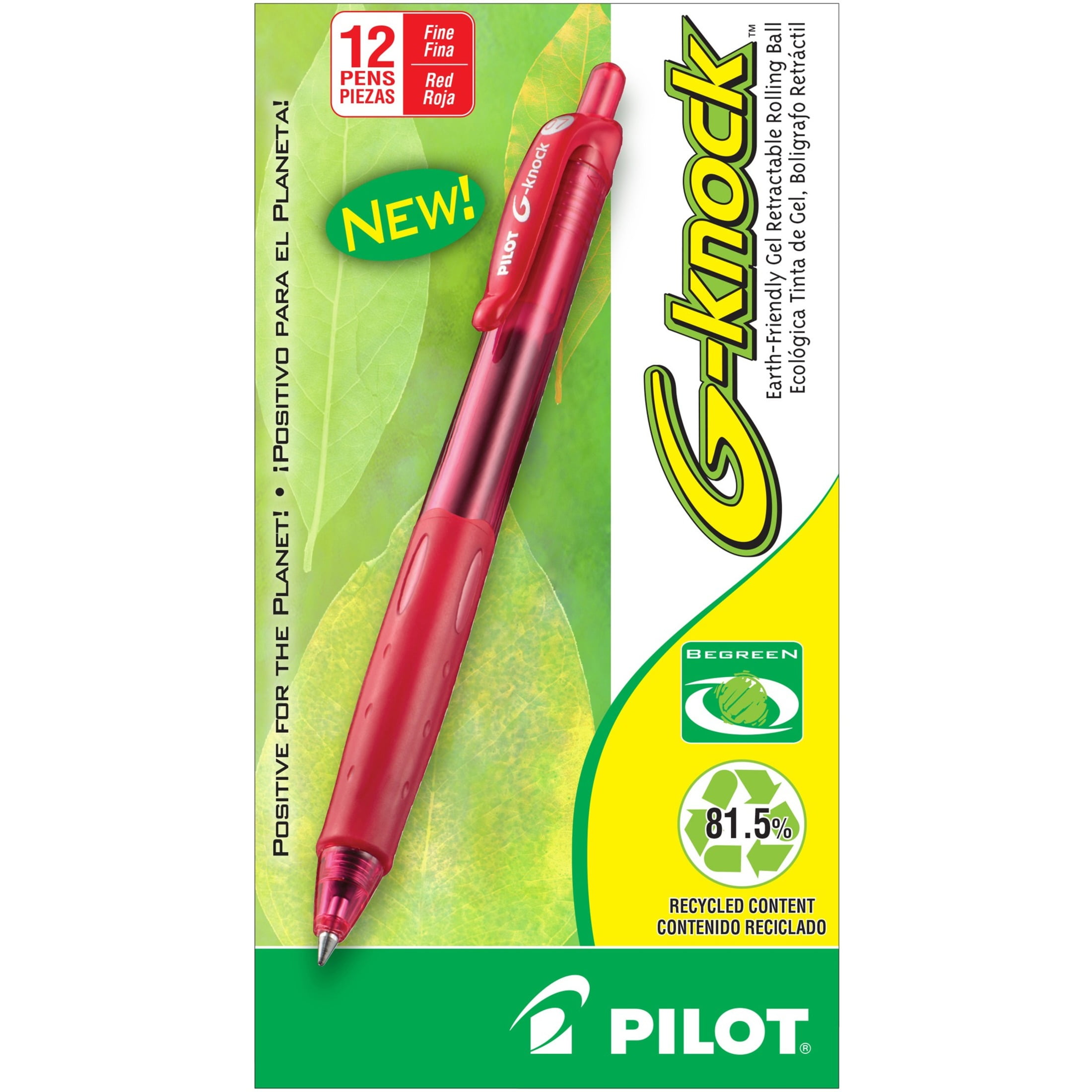 Pilot 31508 0.7 mm Fine G-Knock BeGreen Retractable Gel Pen - Red Ink, Translucent Red/Red Barrel (1-Dozen)