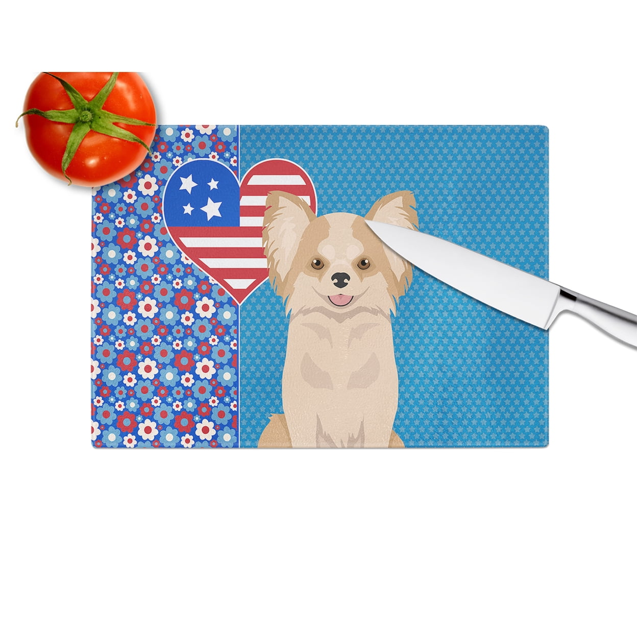 Longhaired Gold and White Chihuahua Glass Cutting Board Large 12 in x 15 in