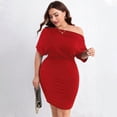 thumbnail image 3 of Plus Size Womens Red High Waist Bodycon Midi Dress One Shoulder Knitted Summer Dress, 3 of 6