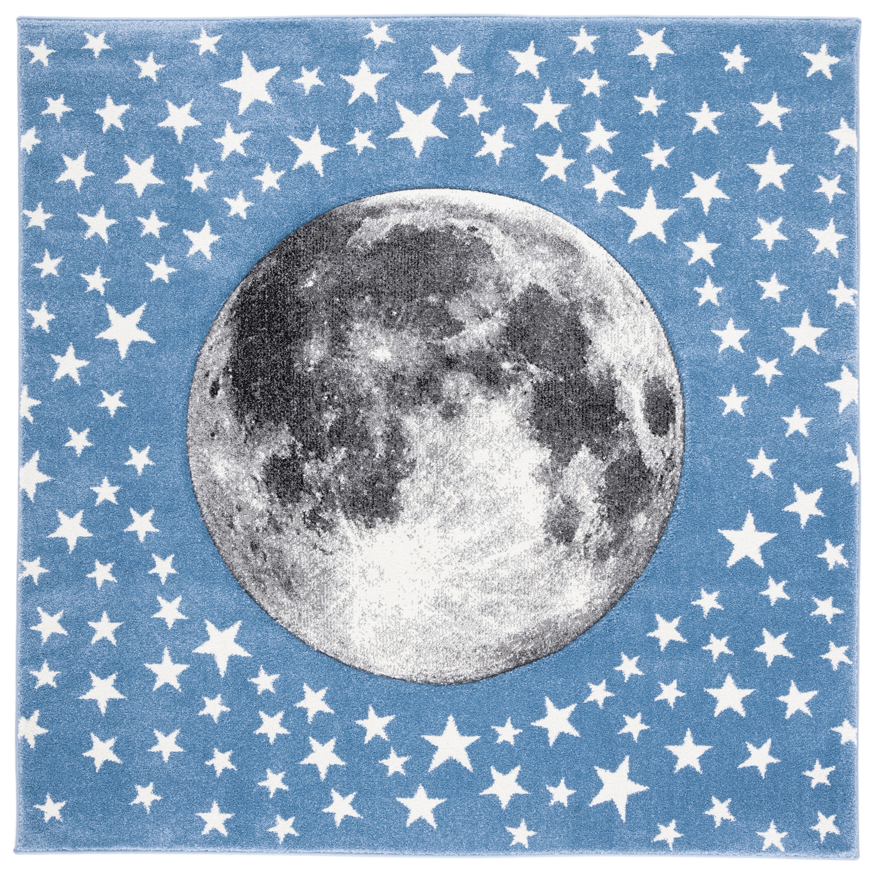 SAFAVIEH Carousel Kids Moon in the Stars Area Rug, Light Blue/Gray, 5'3" x 5'3" Square