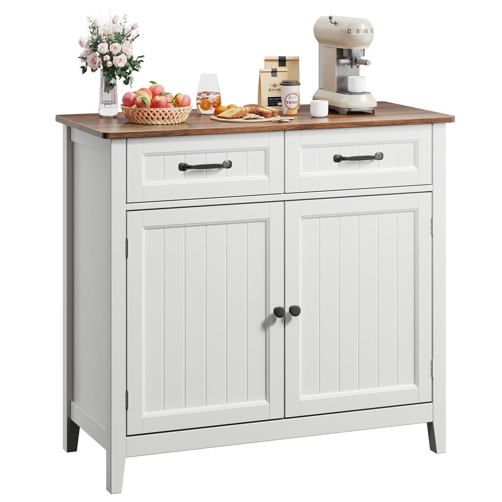 Coffee Bar Cabinet, Aiho 35" Farmhouse Kitchen Pantry Storage Cabinet, 2 Drawers, Adjustable Shelf - White+Retro