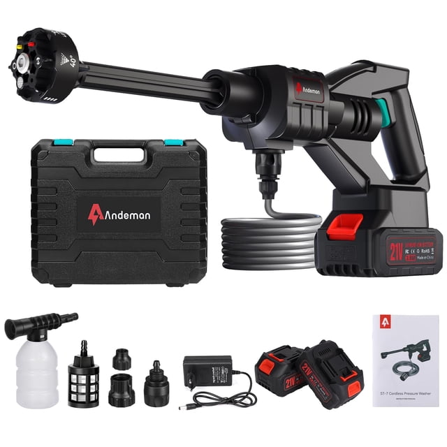 Hidrolavadora inalámbrica Andeman de 800 PSI y 1.5 GPM, portátil, con 2 baterías de 3.0 Ah y boquilla 6 en 1 | Para lavado de autos, entradas de vehículos, patios, cercas y limpieza del hogar