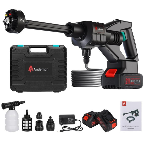 Hidrolavadora inalámbrica Andeman de 800 PSI y 1.5 GPM, portátil, con 2 baterías de 3.0 Ah y boquilla 6 en 1 | Para lavado de autos, entradas de vehículos, patios, cercas y limpieza del hogar
