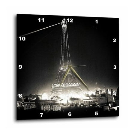 3dRose Eiffel Tower Illuminated Paris Exposition 1900 Black and White, Wall Clock, 10 by 10-inch