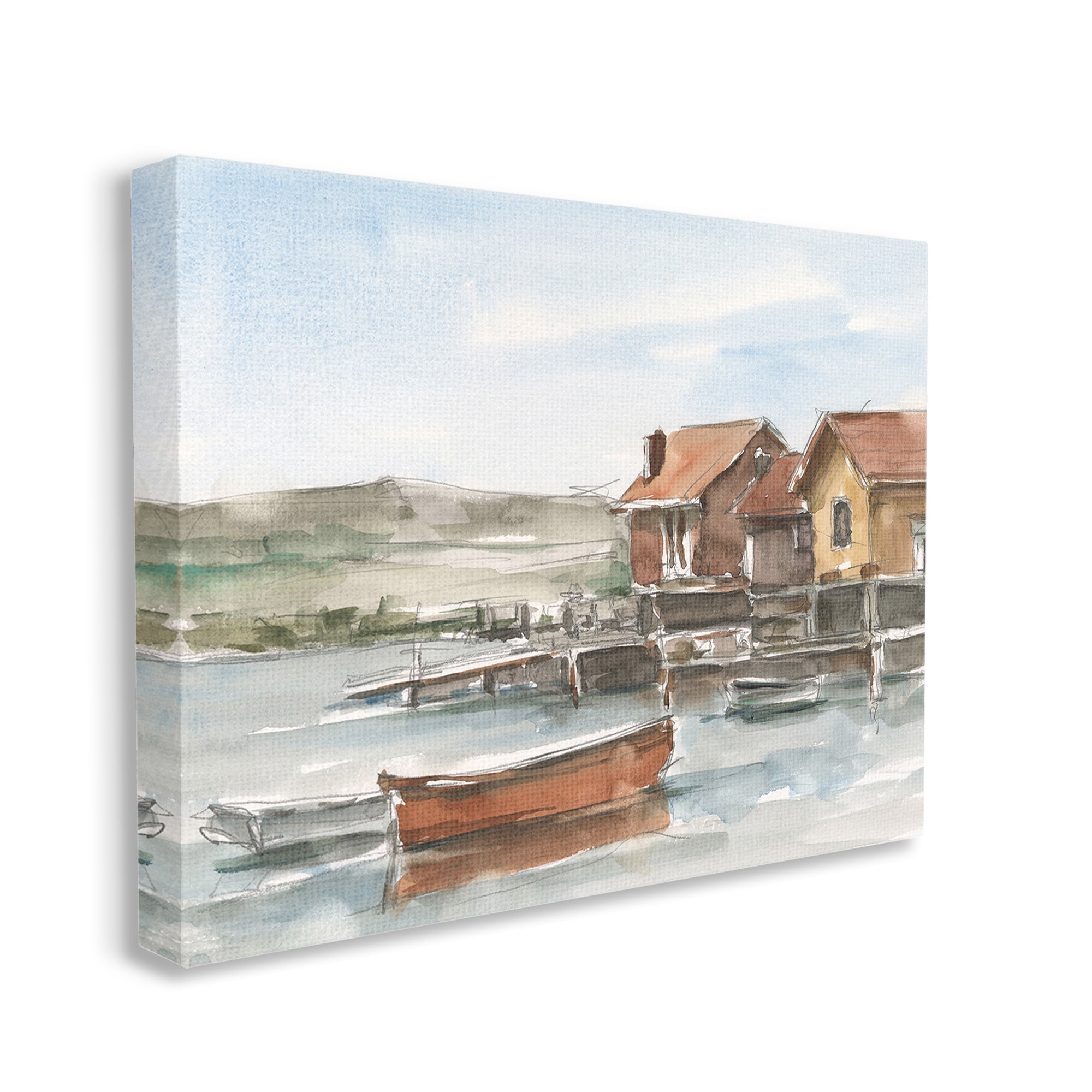 Stupell Industries Lake House Boats Landscape Painting Gallery Wrapped Canvas Art Print Wall Art, 20 x 16