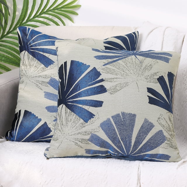 Juego de 2 fundas de cojín tejidas con hojas, patrón de hojas de plantas, fundas de cojín elegantes, azul 18" x 18"