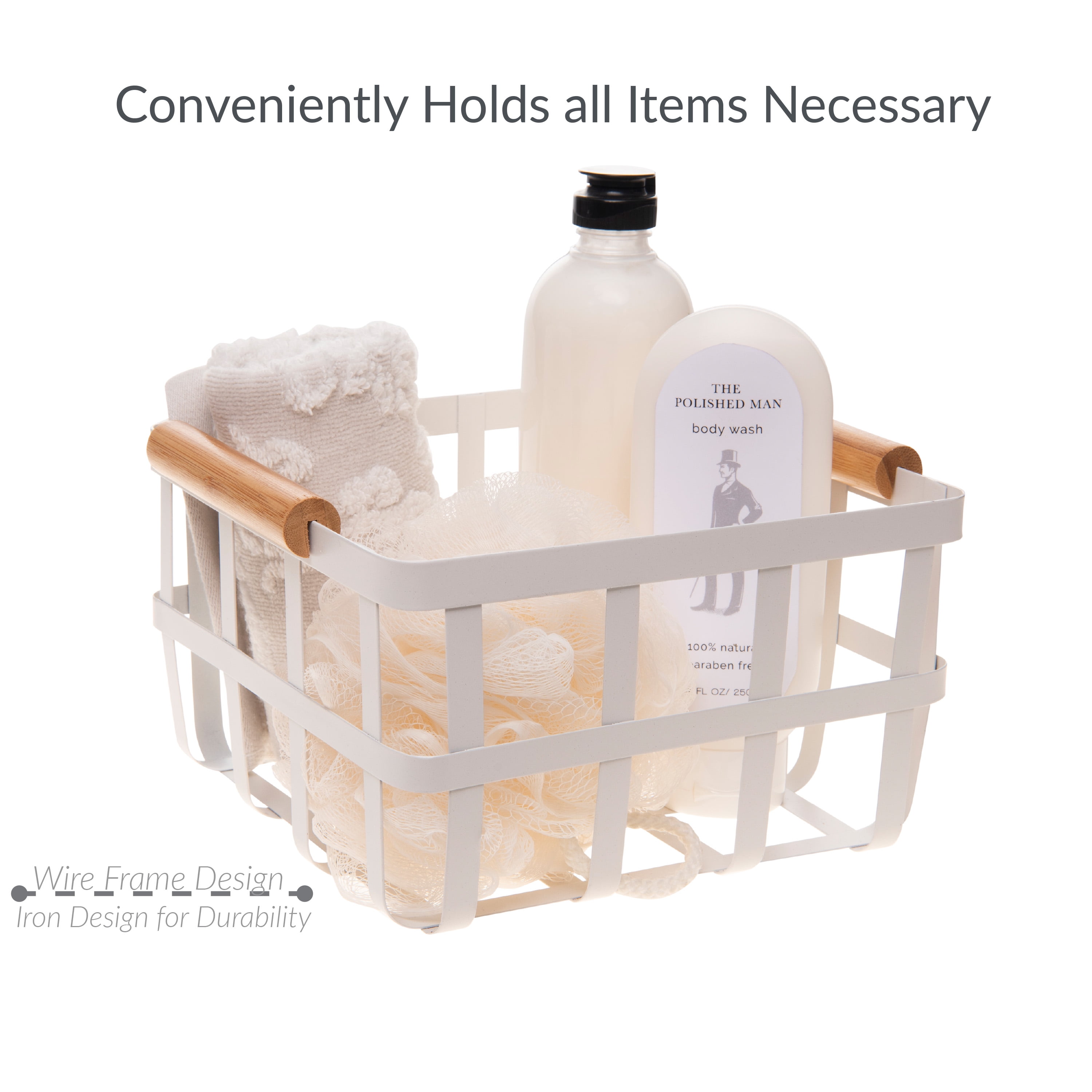 Simplify 2 Pack Square Metal Storage Basket with Bamboo Handles, White