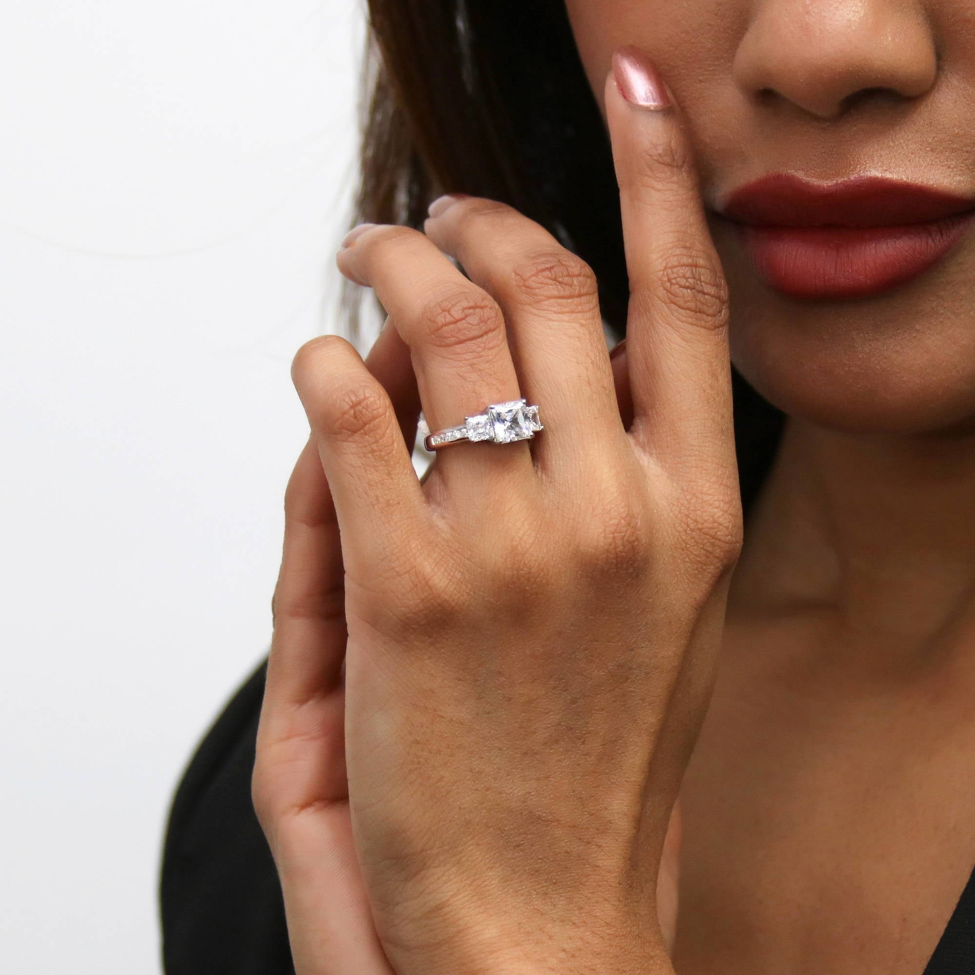 BERRICLE Sterling Silver 3-Stone Wedding Engagement Rings 1.6 Carat Princess Cut Cubic Zirconia CZ Promise Ring for Women, Rhodium Plated Size 10