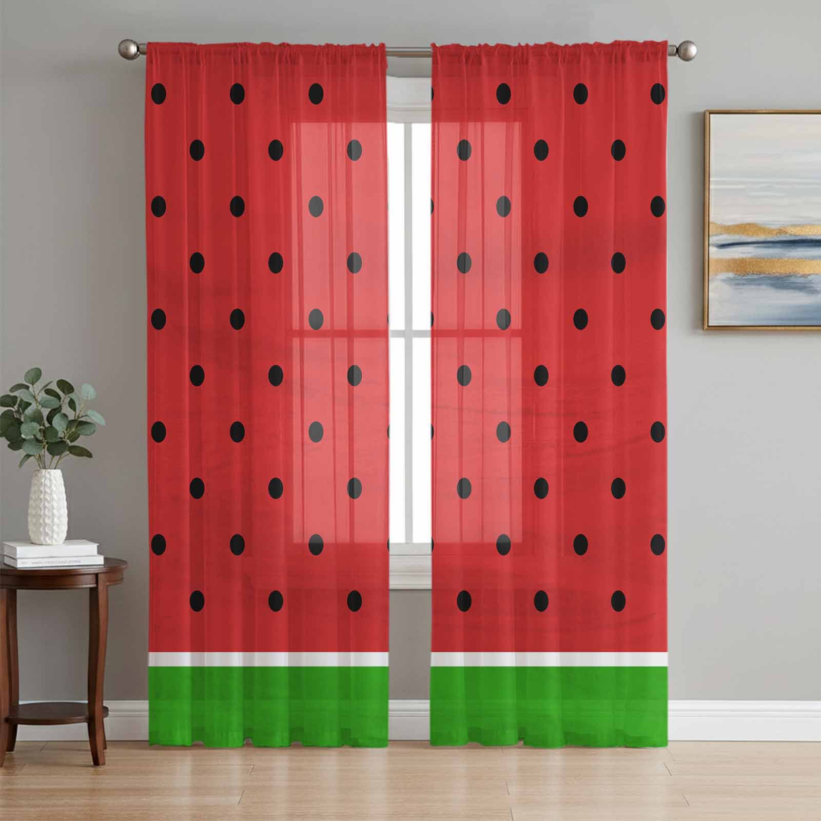 Watermelon Semi Sheer Curtains 96 Inch Length 2 Panels Set Black Polka Dots Green Summer Fruits Sheer Kitchen Curtain Privacy Voile Window Curtain for Living Room Bedroom Rod Pocket Drapes