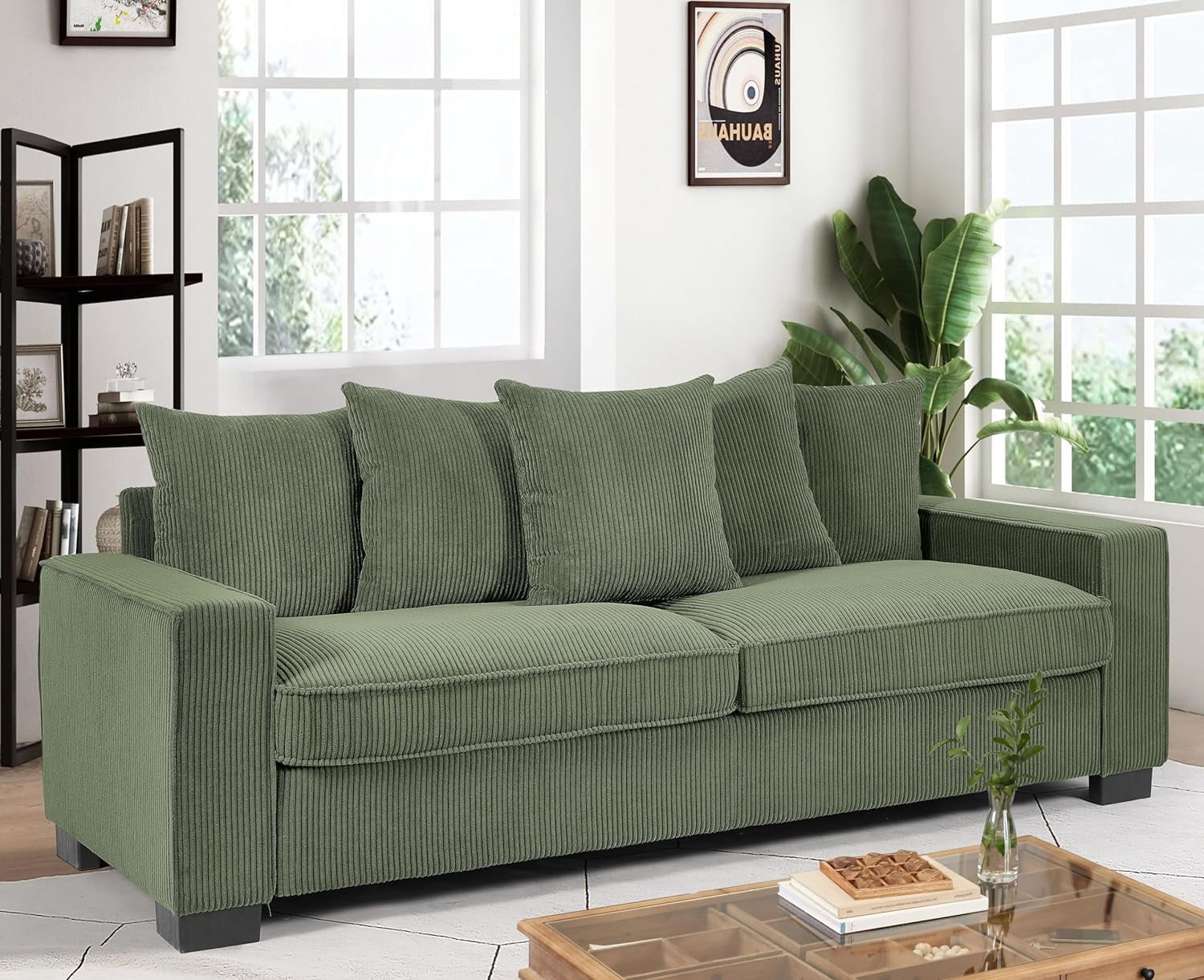 US Pride Furniture Luxe Corduroy Sofa with 5 Matching Toss Pillows, Sleek Design, Spacious and Comfortable 3 Seater Couch for Modern Living Room Dark Green