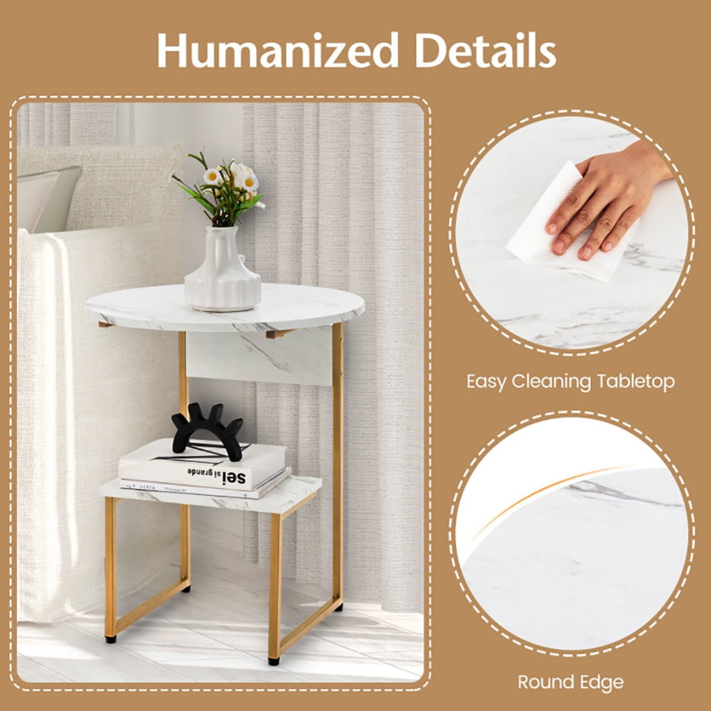 Finihen End Table, 2-Tier Round End Beside Table with Metal Frame, Sofa Side Table, Bed Side Table, for Living Room, Bedroom, White Finihen End Table, 2-Tier Round End Beside Table with Metal Frame, Sofa Side Table, Bed Side Table, for Living Room, Bedroom, White