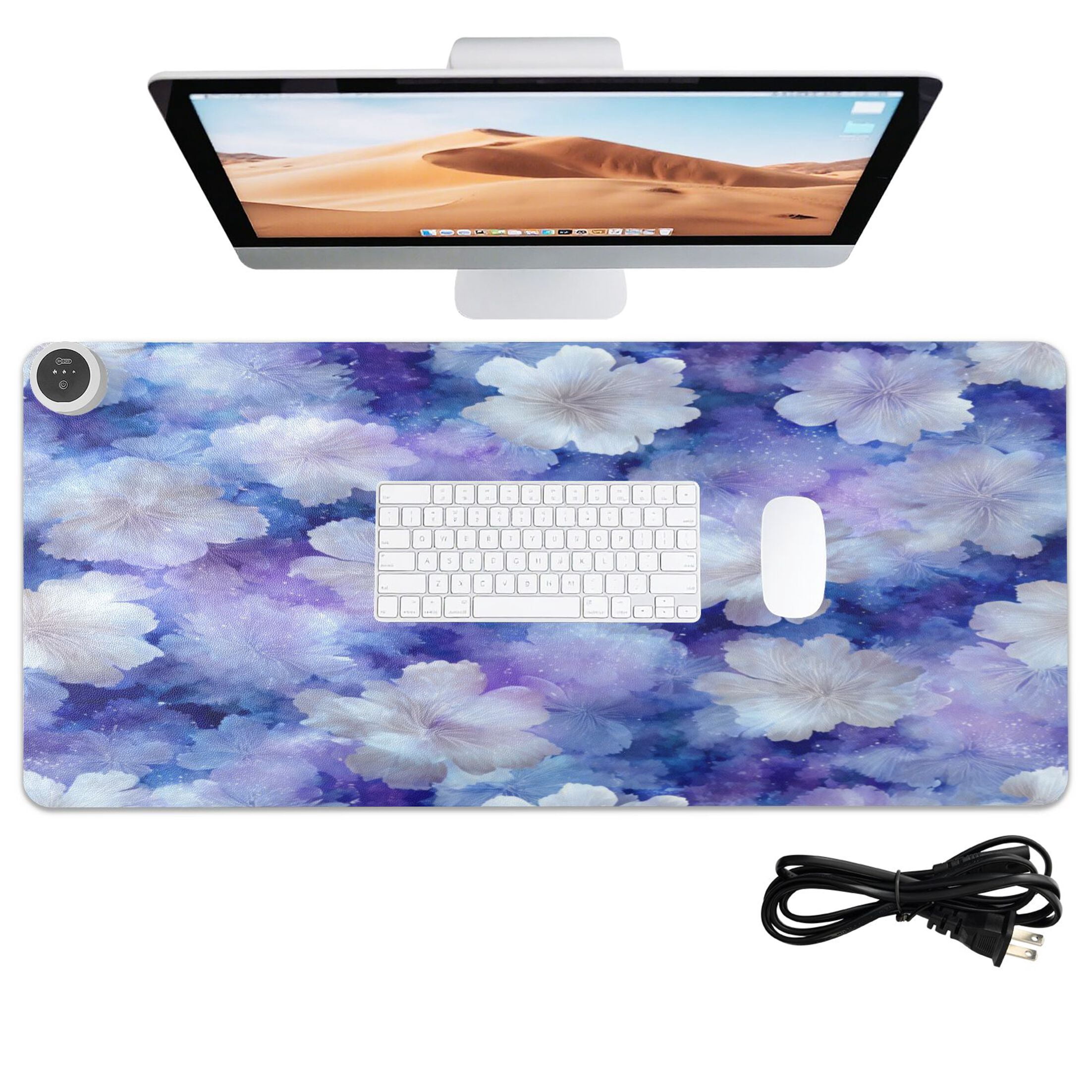 Large Heated Desk Mat Mouse Pad 31.5"x13"PU Leather Graphene Heating Desk Warmer with 3 Temperature Settings 110V US Plug Non-Slip Warm Pad for Home, Office, and Gaming Starry Watercolor Floral Print
