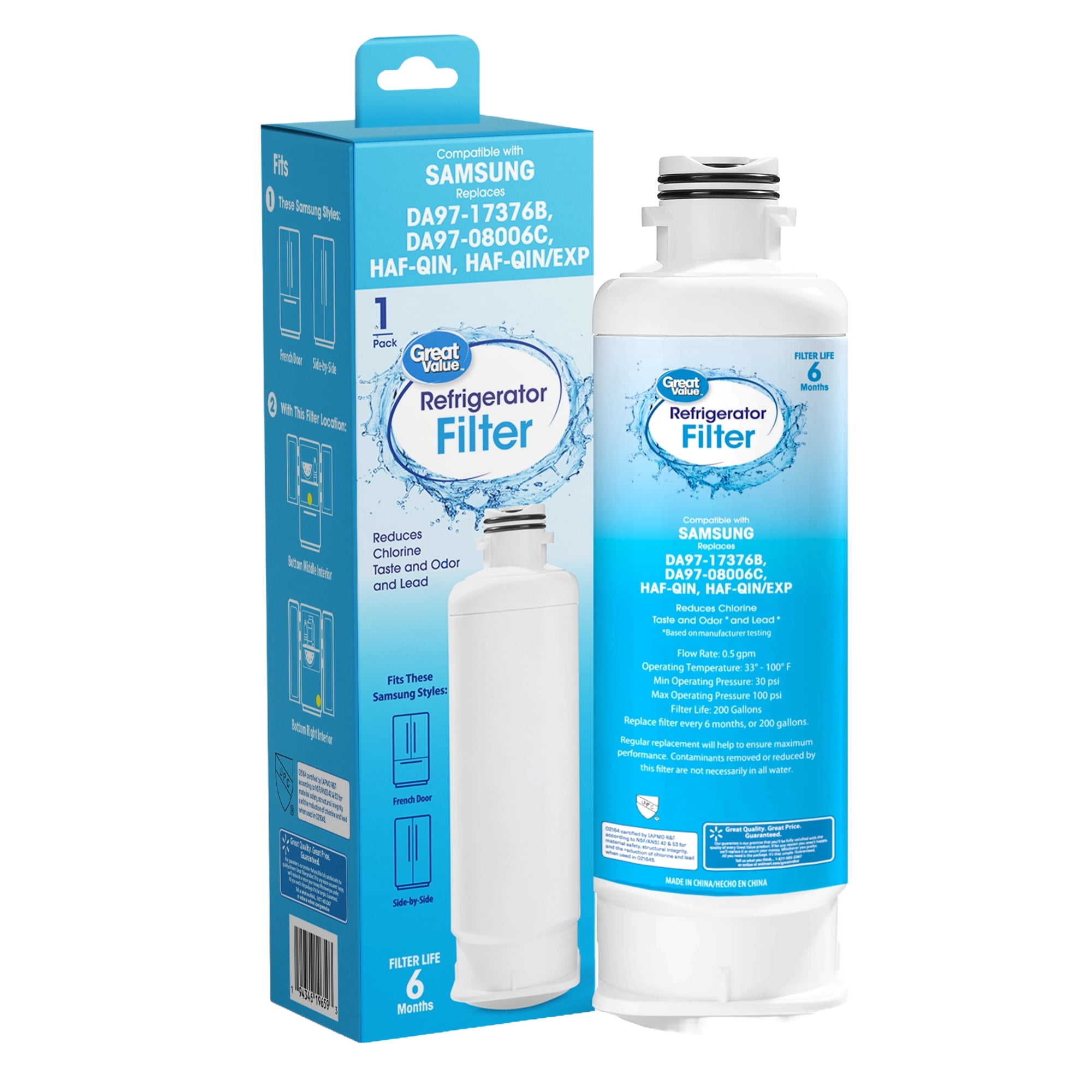 Great Value Replacement Water Filter for Samsung Fridge DA97-17376B, 02164 - White 1-Piece