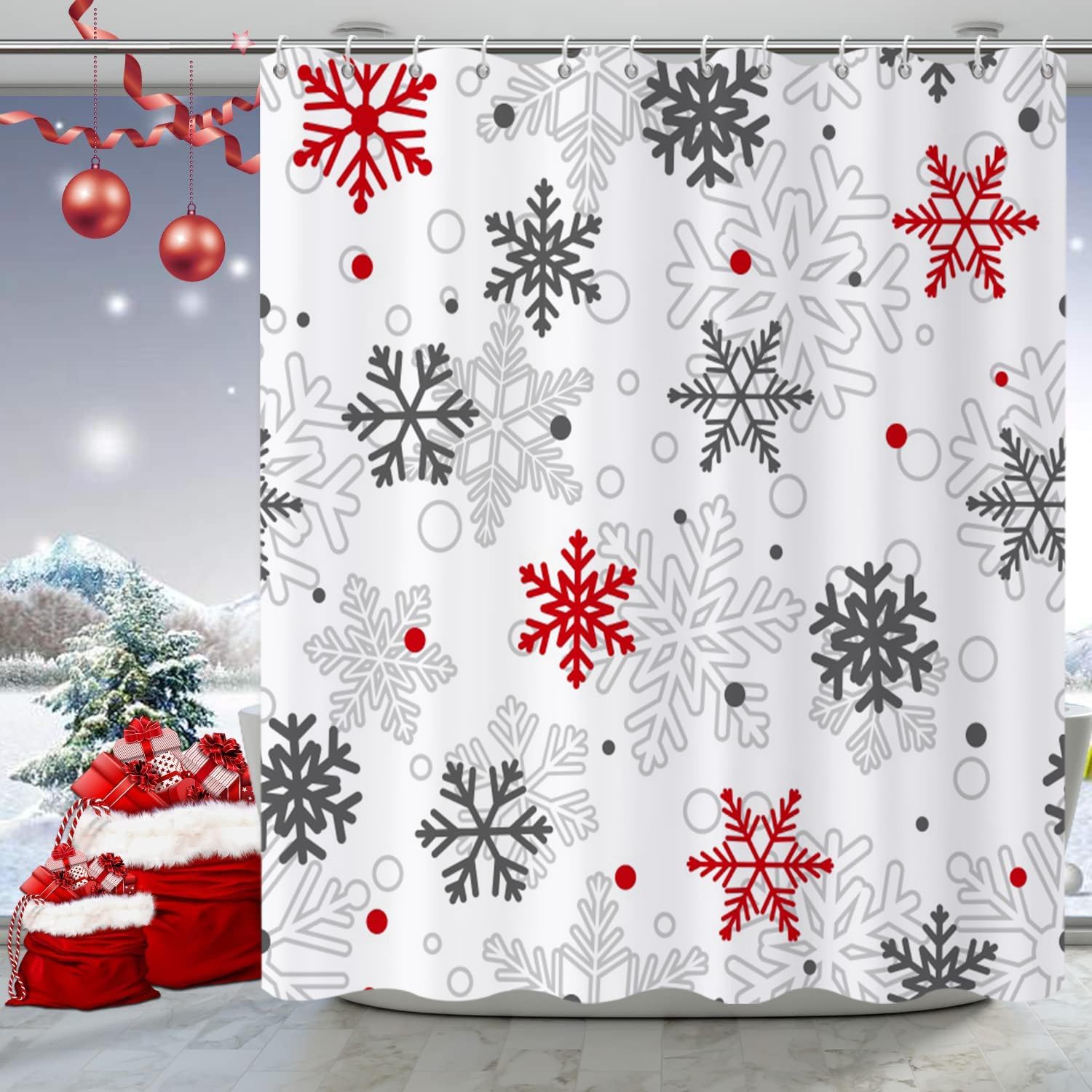 Christmas Shower Curtain, Red and Grey Xmas Snowflake White Background Winter New Year Holiday Bathroom Curtain Waterproof Fabric Machine Washable with Hooks, 72" Wx84 L