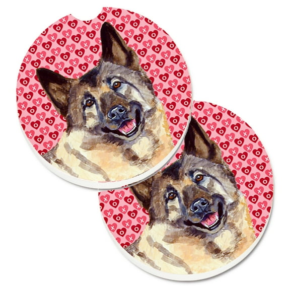Norwegian Elkhound Hearts Love and Valentines Day Portrait Set of 2 Cup Holder Car Coasters