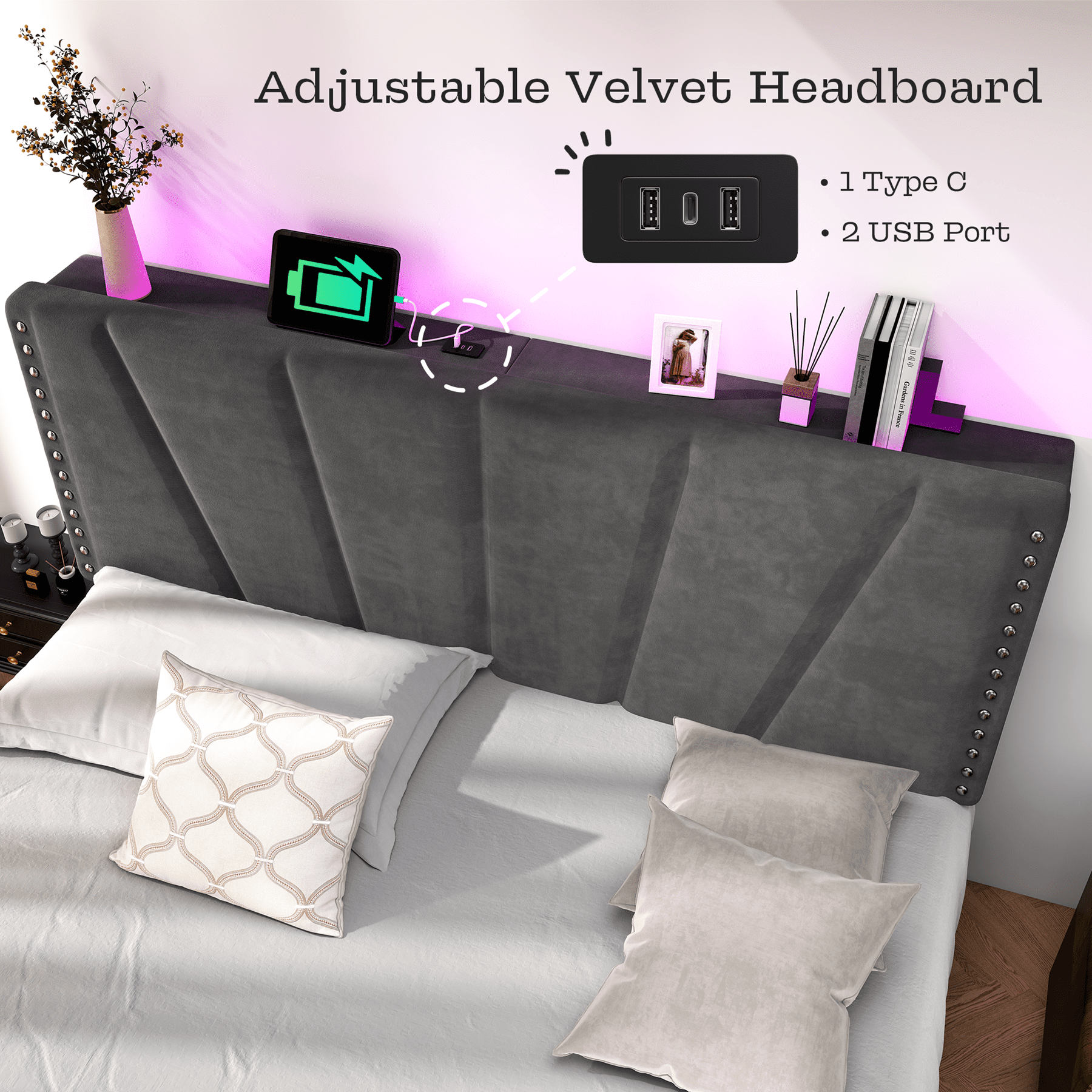 EnHomee Queen Bed Frame with Adjustable Headboard Upholstered Platform Bed Frame with LED Lights & Charge Station ,Gray