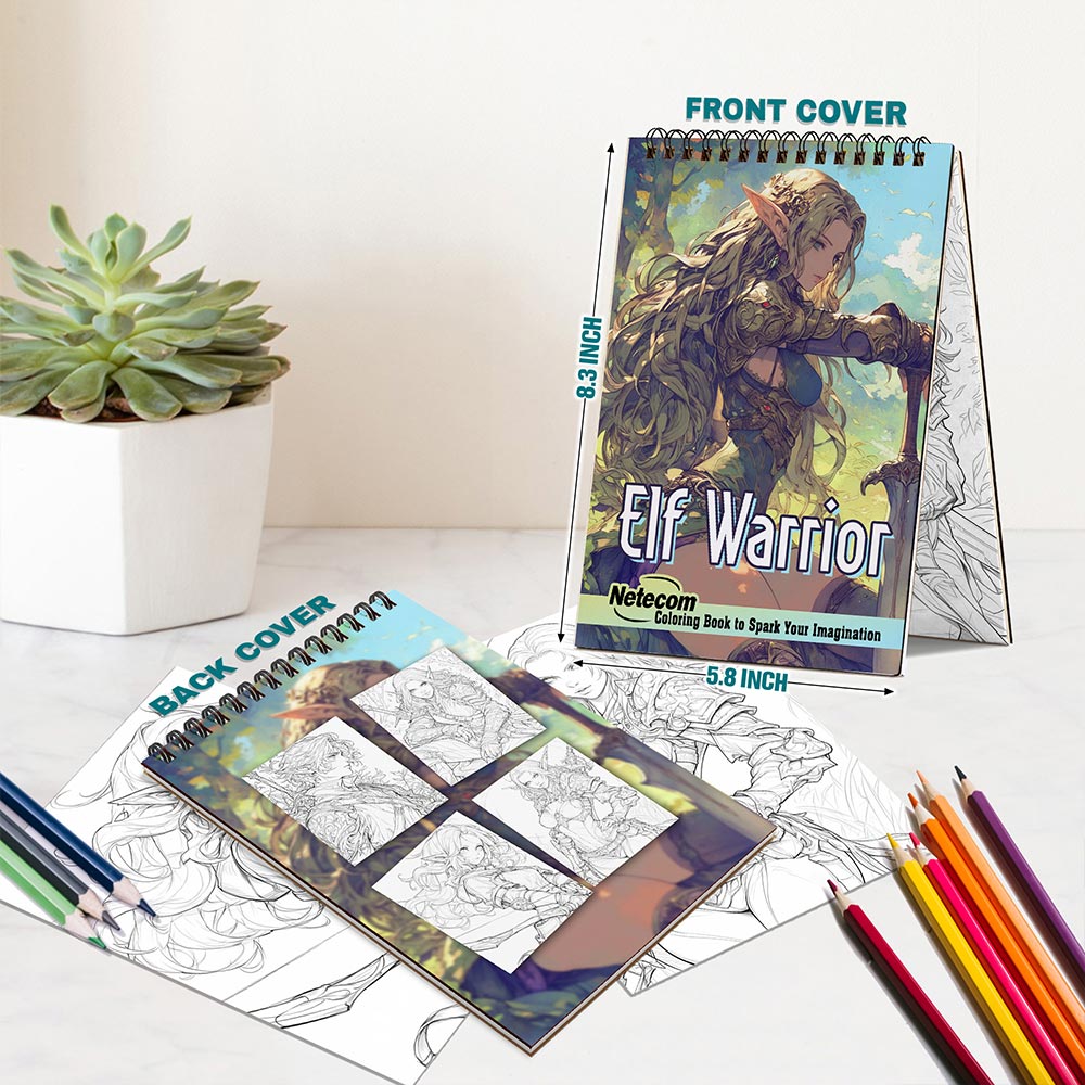 Netecom Elf Warrior Coloring Book for Adults, A5 Wooden Cover, 30 Epic Coloring Pages of Elven Warriors for Stress Relief and Relaxation, Spiral Bound Edition