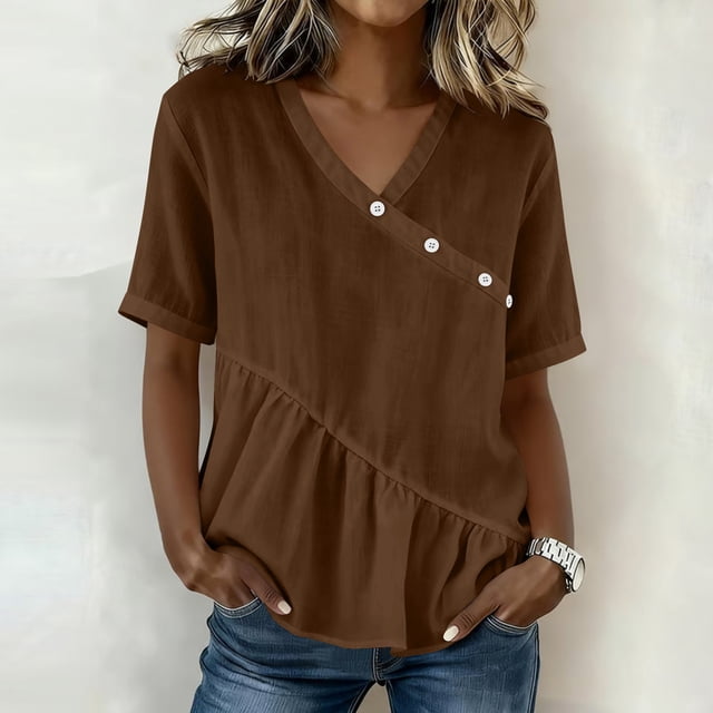 Craaazy Women's Plus Size Versatile Solid Color Cotton Linen V-Neck Short Sleeve T-shirts with Ruffle Trim for Daily Wear
